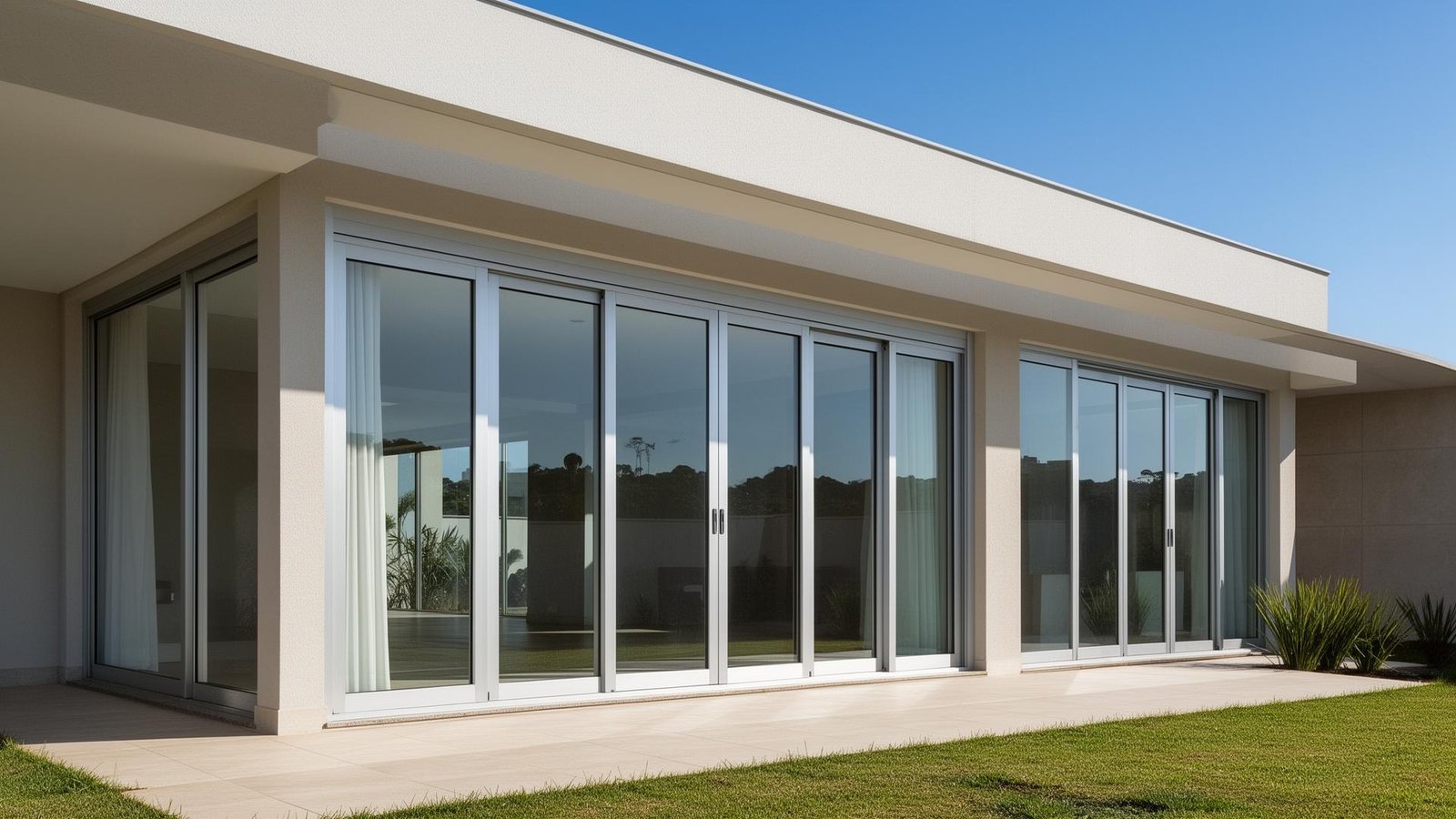 Casa moderna com esquadrias de alumínio e portas de vidro